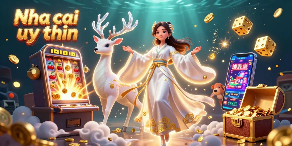 Nha cai uy tin showcases a detailed scene of a casino experience with a beautiful Asian woman, slot machine, and dynamic game elements.
