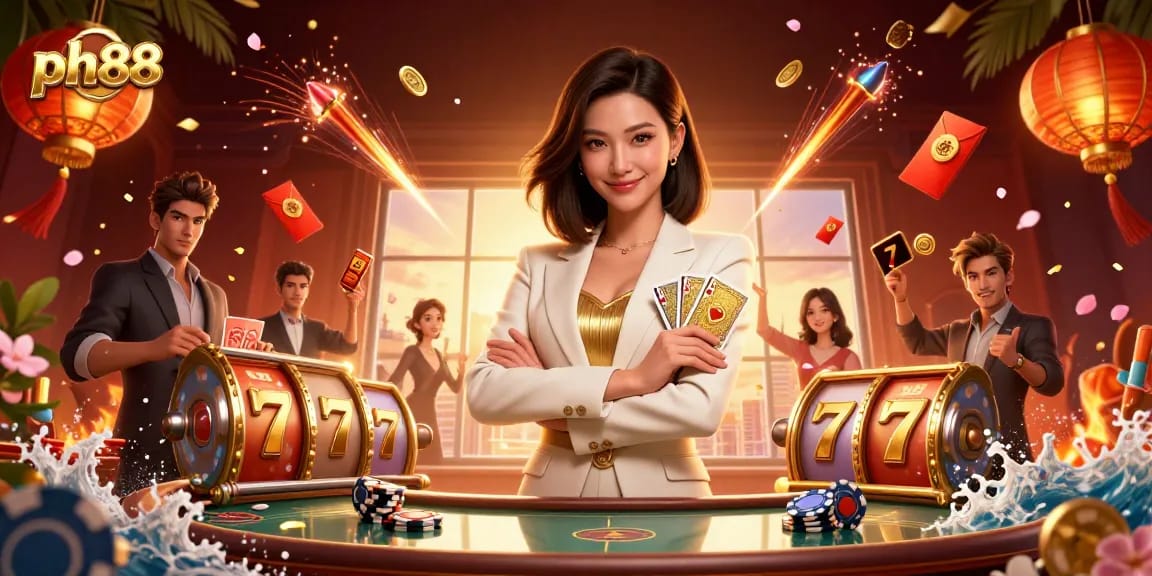 Experience exhilarating betting at ph88 with a powerful businesswoman in a casino scene filled with slots, poker chips, and vibrant colors.