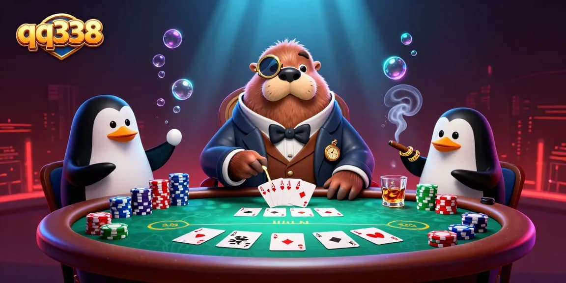 Experience thrilling poker action with qq338's jolly walrus, refined penguin dealer, and bluffing pufferfish in a dynamic underwater poker setting.