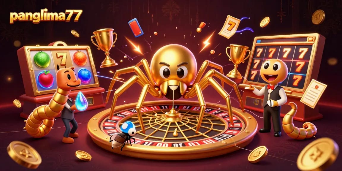 Panglima77 showcases a 3D cartoon spider and a fly at a roulette table placing bets in a colorful casino scene.