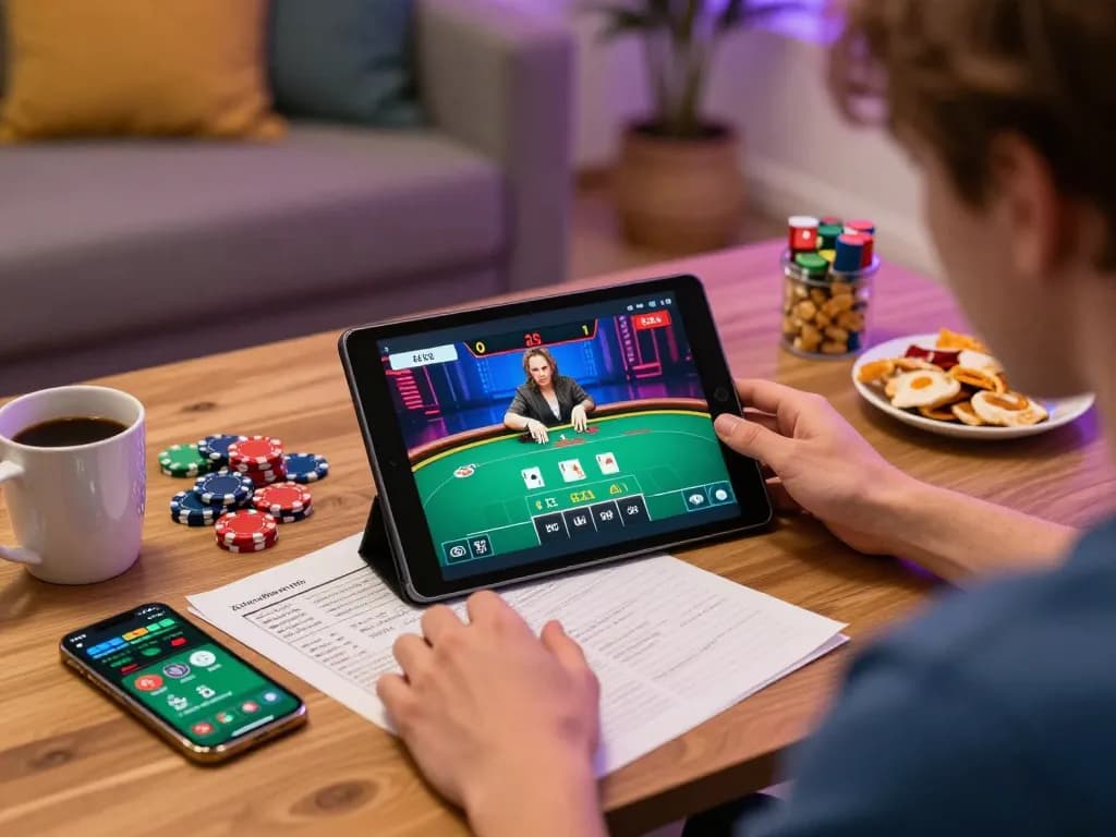 Engage in poker gameplay on vaobet app during cozy home gaming session with strategy notes.