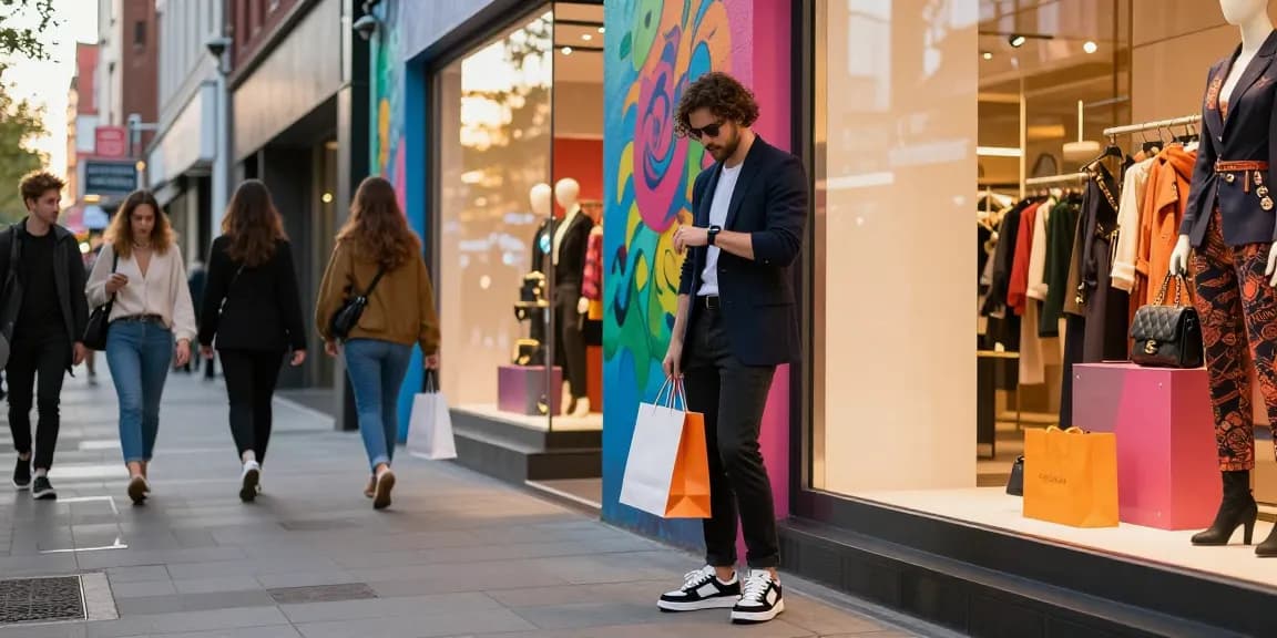 Urban fashionista showcasing high-quality 레플리카 sneakers in vibrant shopping district.