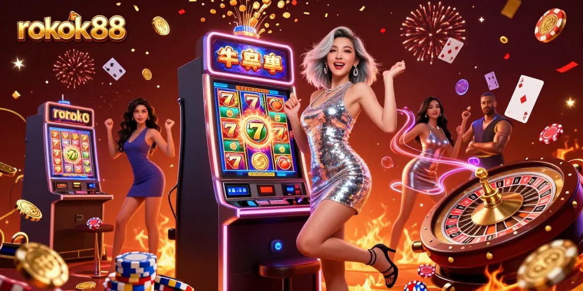 Experience thrills with rokok88's vibrant online casino slot machine jackpot celebration.