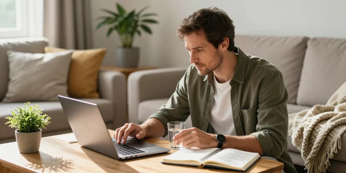 Man researching Vardenafil in a cozy home setting with health tips and a warm atmosphere.