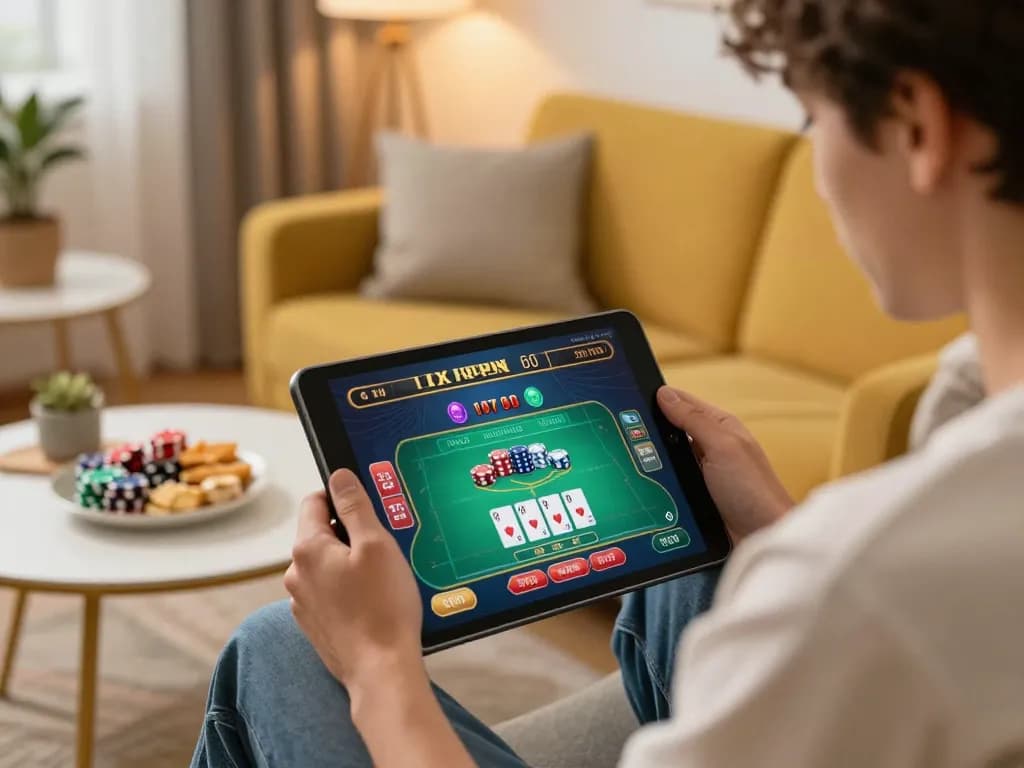 8xx gambling excitement in an online gaming setup with a tablet and cards, cozy atmosphere