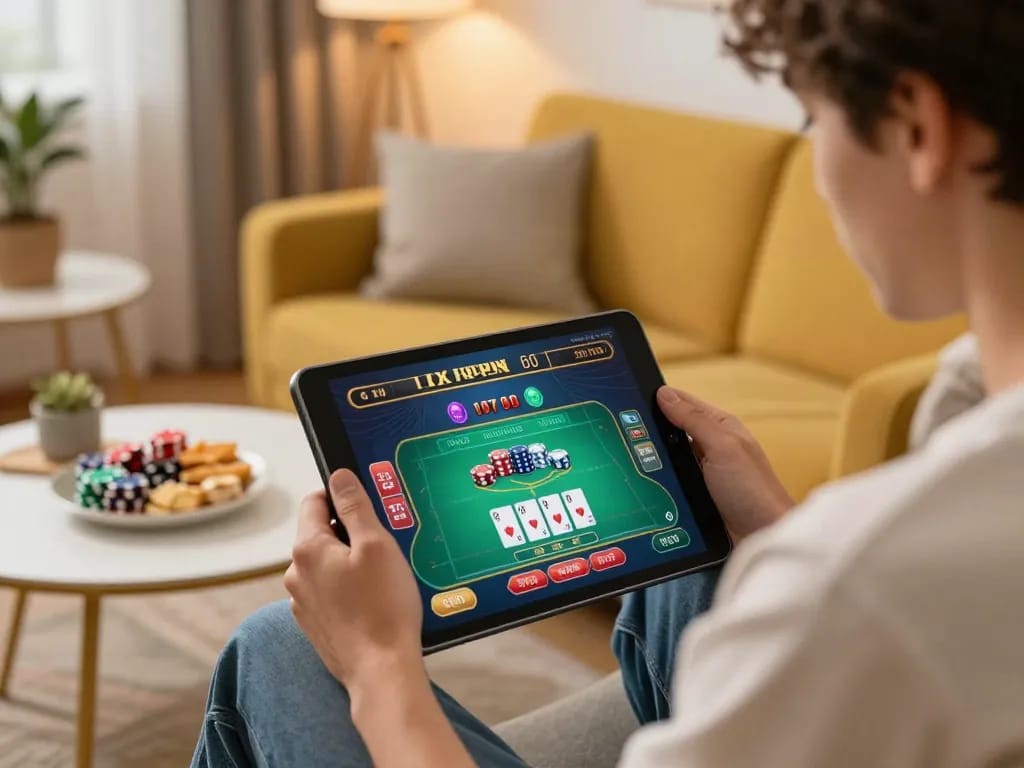 8xx gambling excitement in an online gaming setup with a tablet and cards, cozy atmosphere