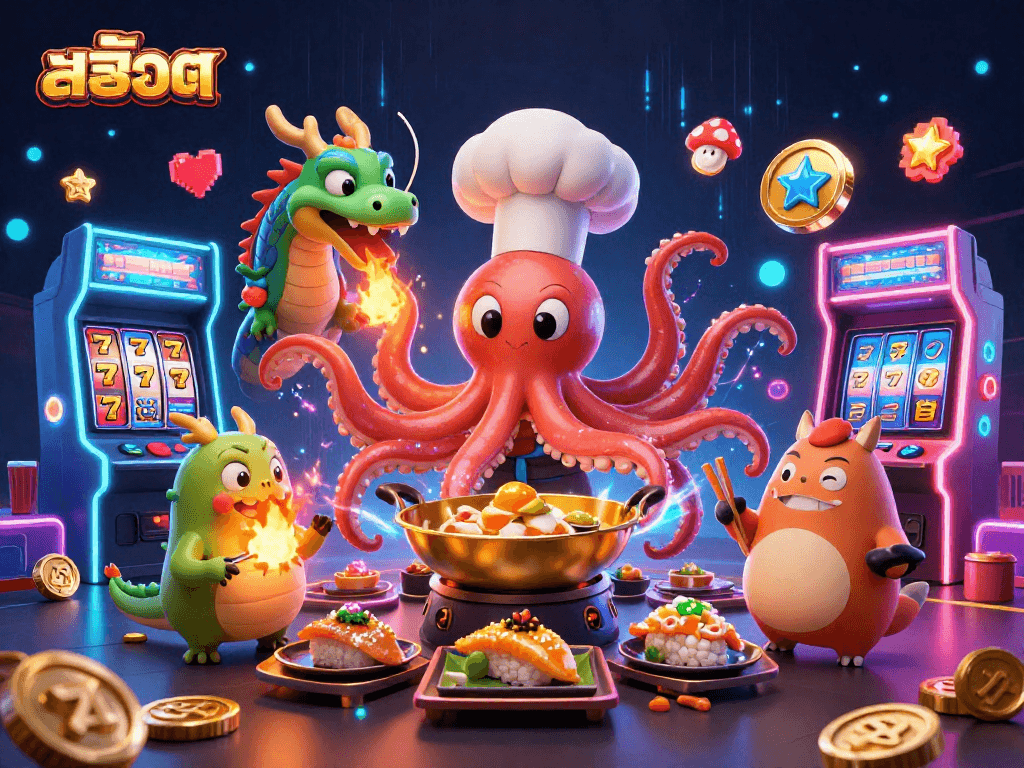 Bet big with สล็อต in this dynamic casino illustration featuring an octopus chef, dragon, and tanuki.