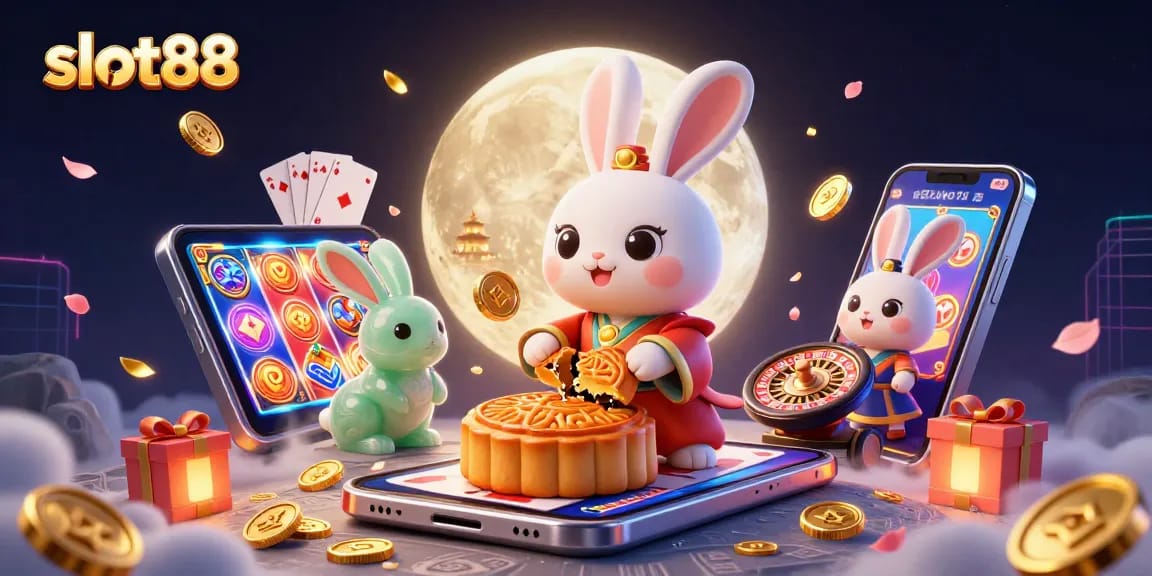 Experience thrilling slot88 action with a moon rabbit in a colorful casino world.