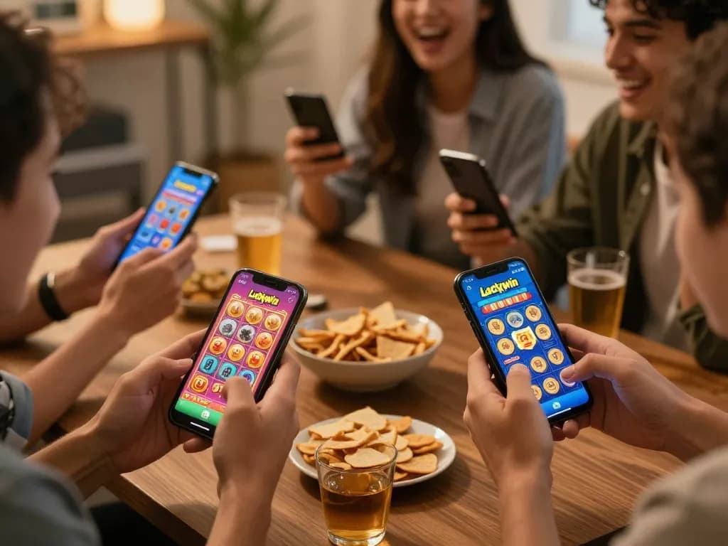 Các người chơi hứng khởi đang sử dụng ứng dụng Luckywin để trải nghiệm phiên chơi game casino di động thú vị tại nhà.