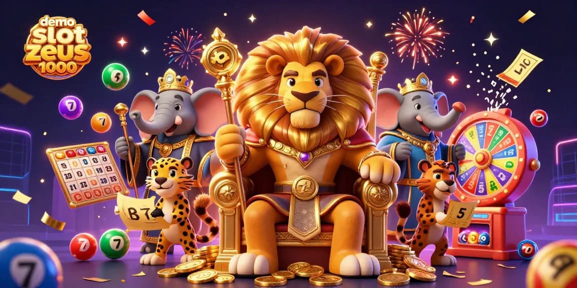 Experience the thrill of demo slot zeus 1000 with an action-packed casino illustration featuring captivating characters and dynamic elements.