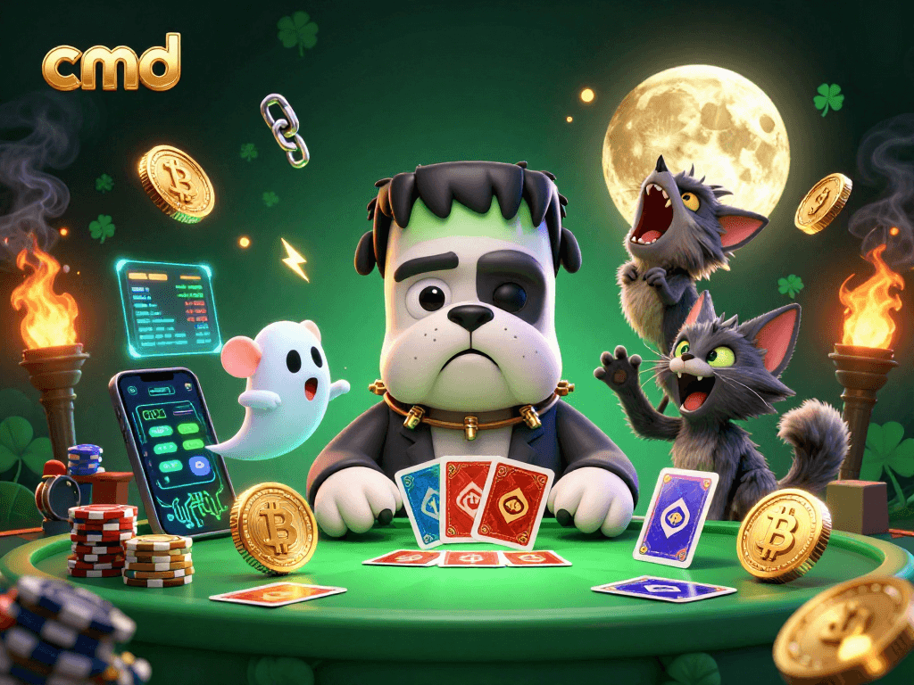 Engage with cmd in a vibrant 3D casino illustration featuring a Frankenstein bulldog and ghost mouse.
