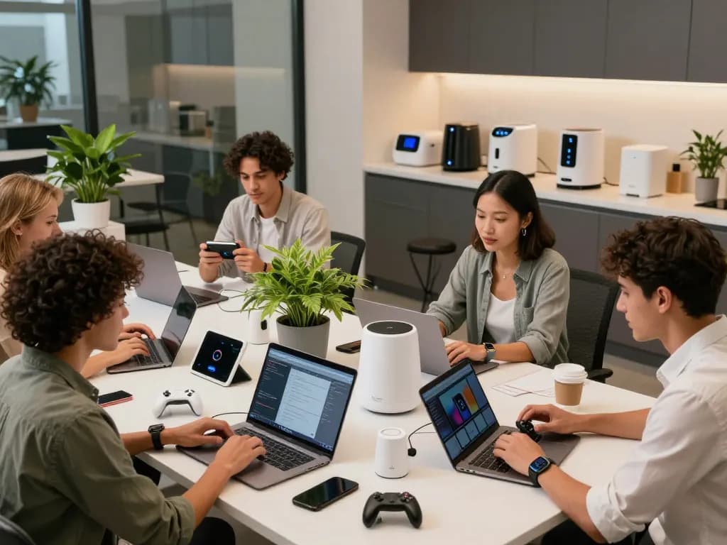Group of people engaging with trending tech gadgets in a modern co-working space.