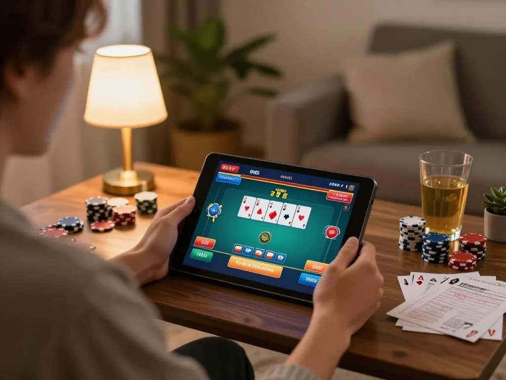 Players enjoying online poker on 566 app, showcasing vibrant interface and cozy setup.