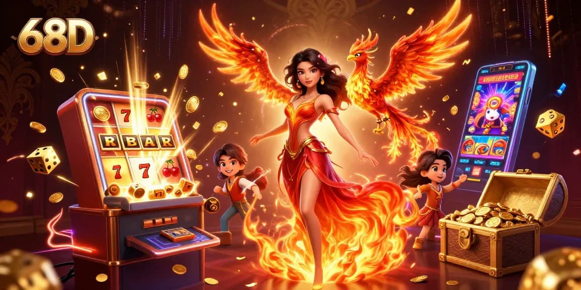 Experience the excitement of 68D with a stunning slot machine jackpot and vibrant casino elements