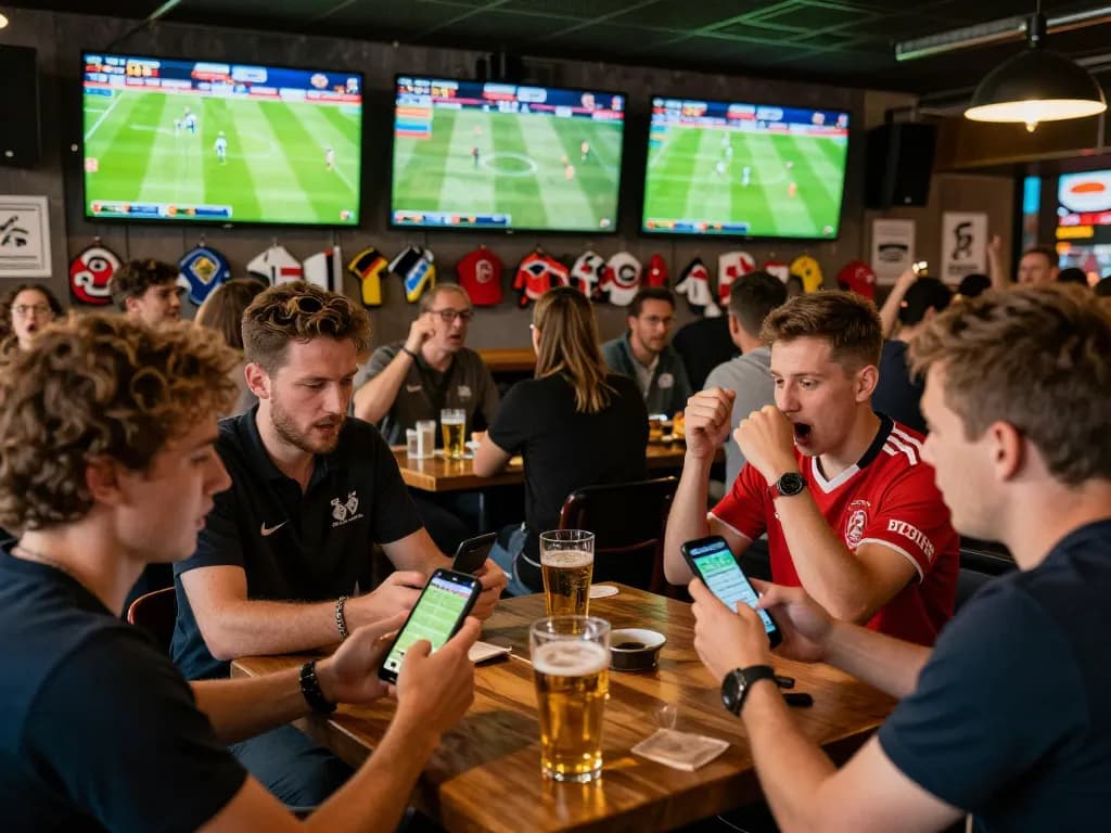 Exciting sports betting at go8 with patrons engaging in Bundesliga matches and mobile wagering.