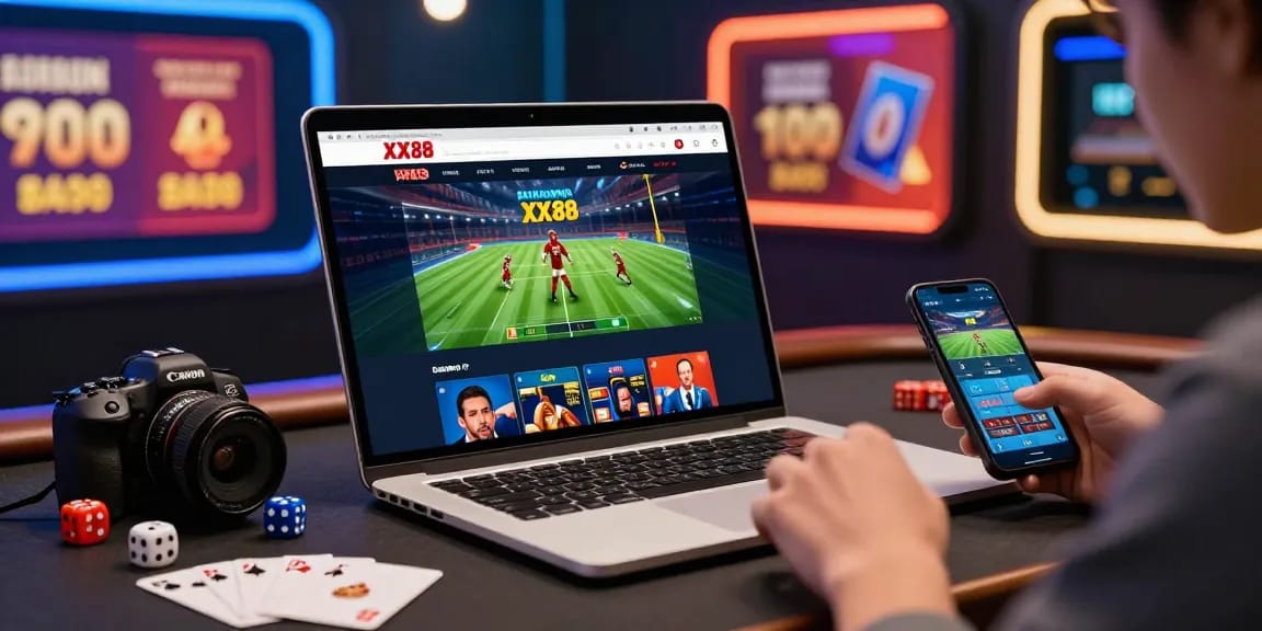 Engaged user placing bets on XX88 online gambling platform with gaming accessories around.