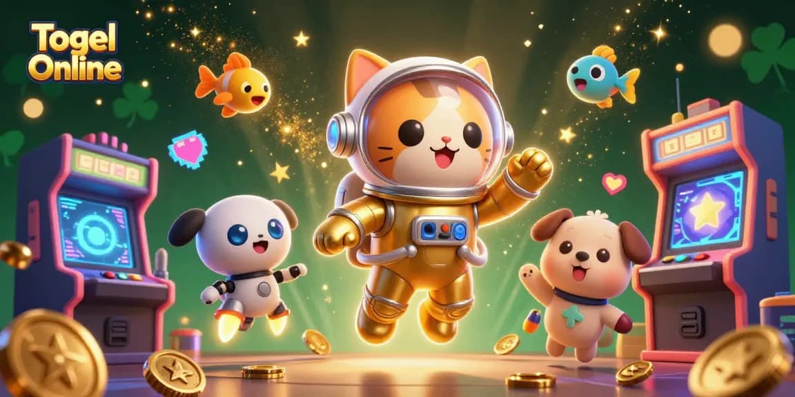 Experience Togel Online with a vibrant 3D illustration of a golden astronaut cat, robot dog, and alien fish.