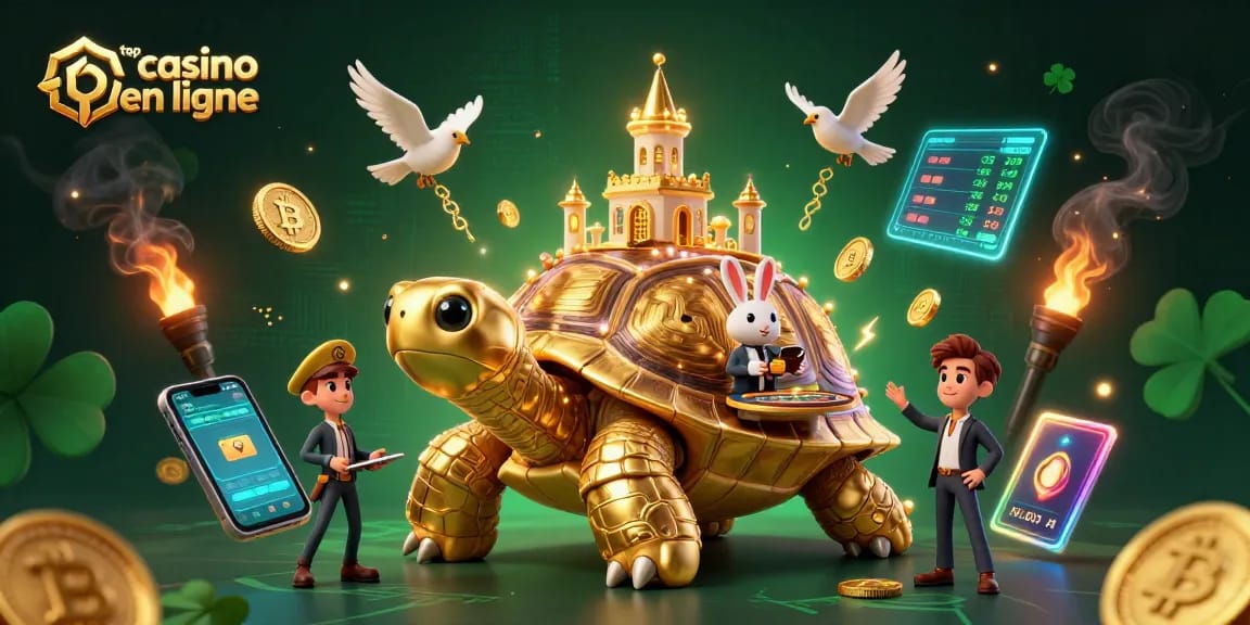 Jouez au meilleur casino en ligne avec une tortue dorée et un croupier pour des gains spectaculaires.