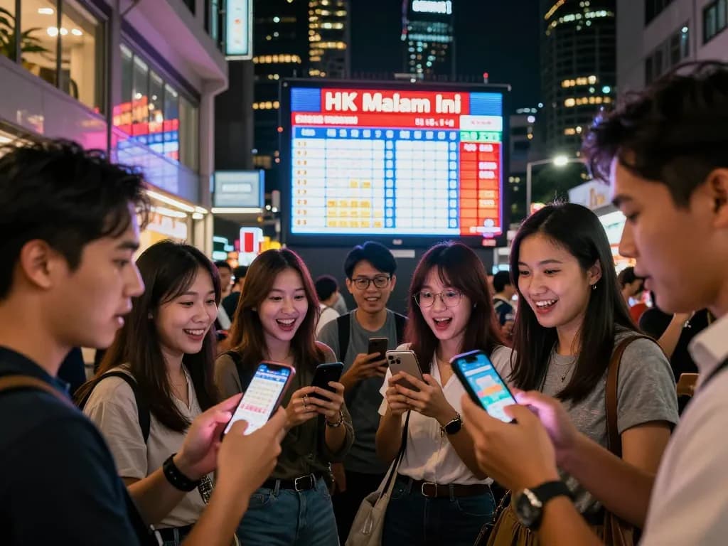 Excited crowd checking HK Malam Ini lottery results under vibrant city lights.
