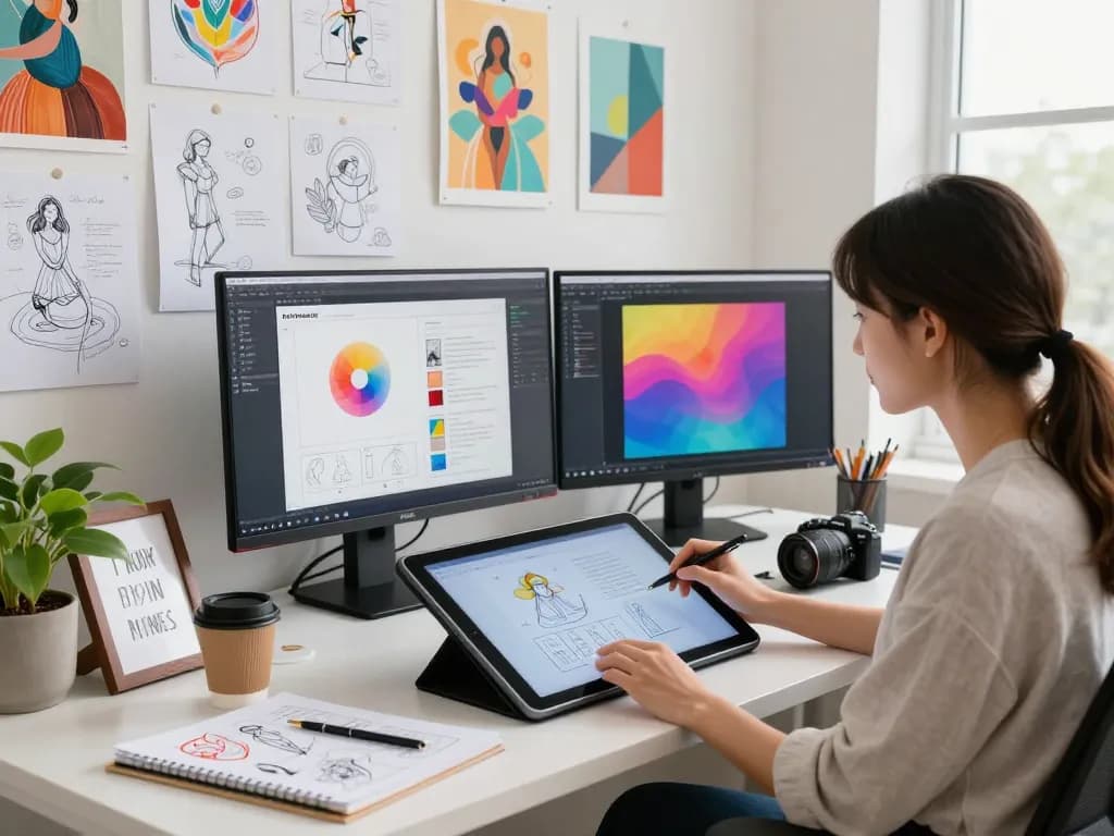 Designer using an image to prompt generator in a vibrant creative workspace.