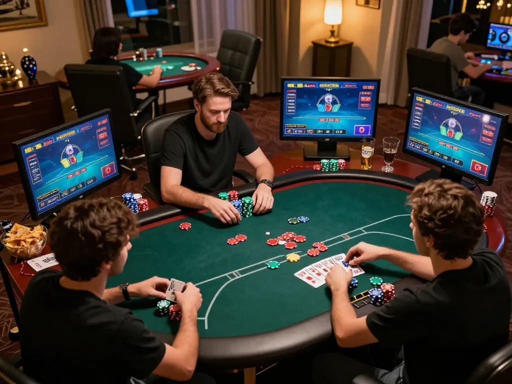 Sunwin online poker action during a friendly home tournament, players engaged with vibrant graphics and strategies.