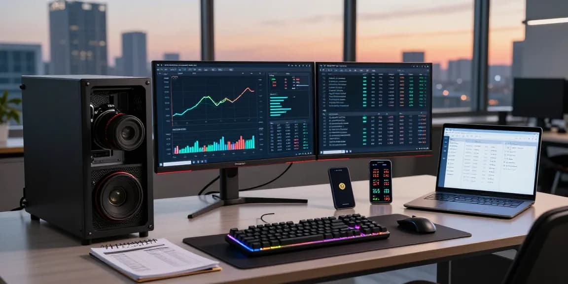 Regulated crypto mining platform dashboard on sleek dual monitors showcasing Bitcoin mining performance and transaction data.