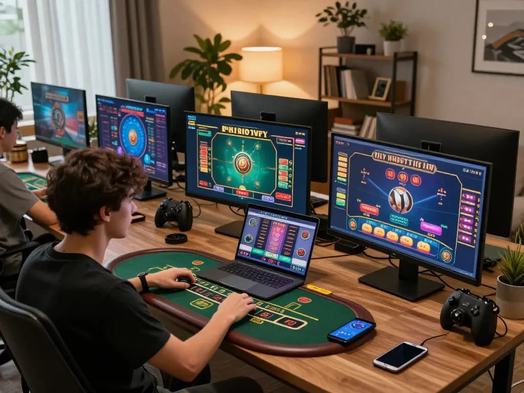 Player engaging in online 包网 gaming at home, showcasing dynamic casino action on multiple screens.