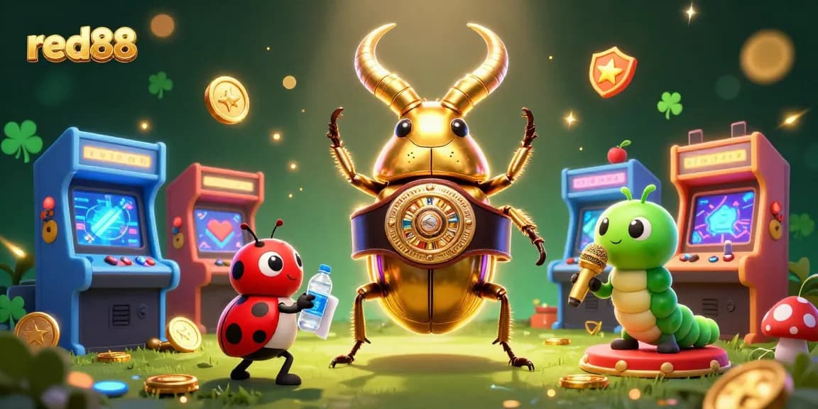 Watch red88 engage in an animated boxing match while surrounded by casino-themed game elements and vibrant colors.