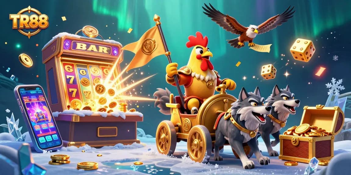 Experience winning moments at TR88 with a cartoon rooster warlord amidst dynamic slot machine action and vibrant casino atmosphere.