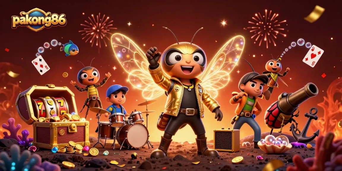 pakong86 showcases a vibrant 3D illustration of a cicada rock star and casino-themed elements.