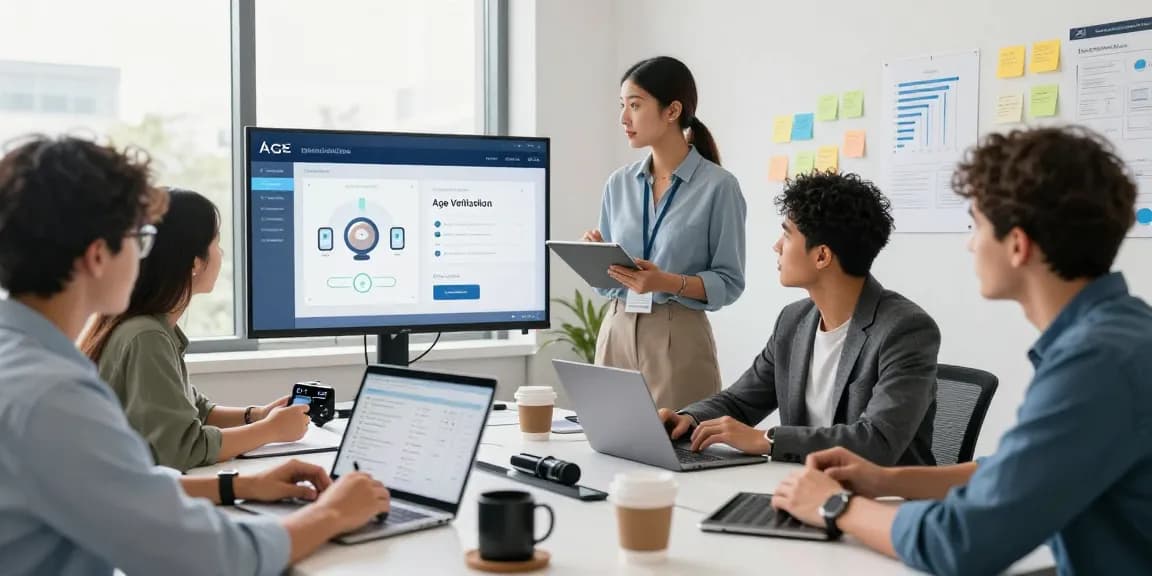 Team collaborates on an age verification system project in a modern office environment.