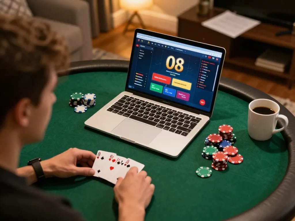 O8 player strategizing at home with poker chips, laptop, and notes.