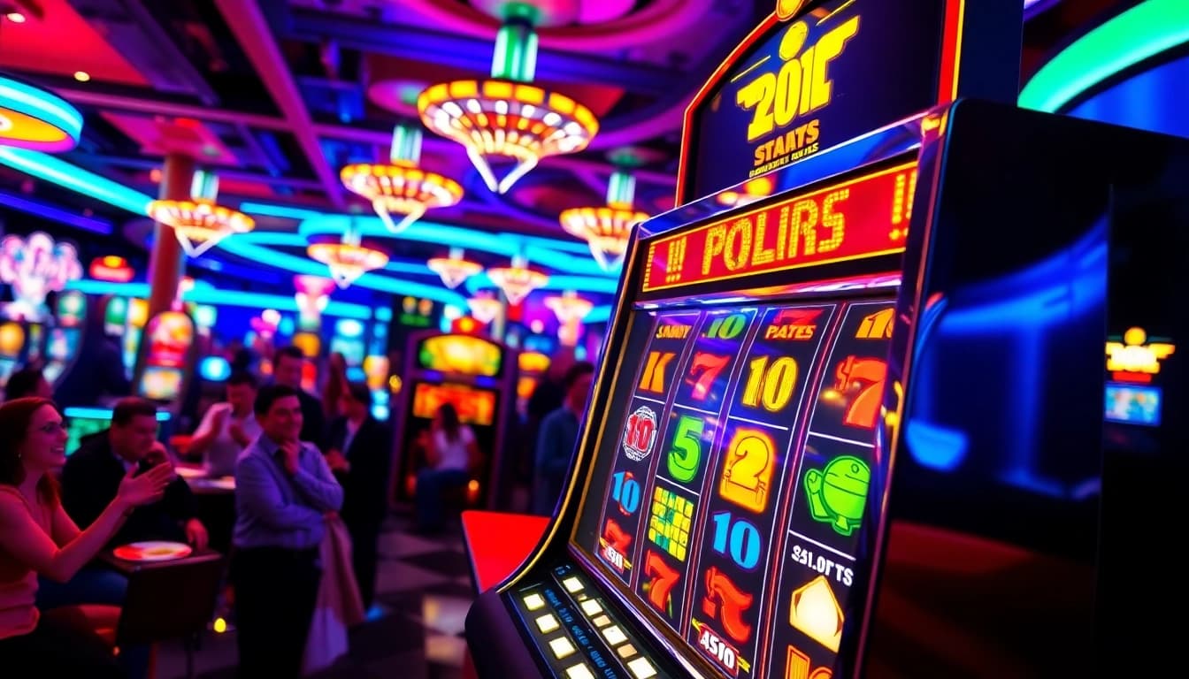 Slot77 permainan mesin slot dengan pemain bersemangat di kasino yang hidup.