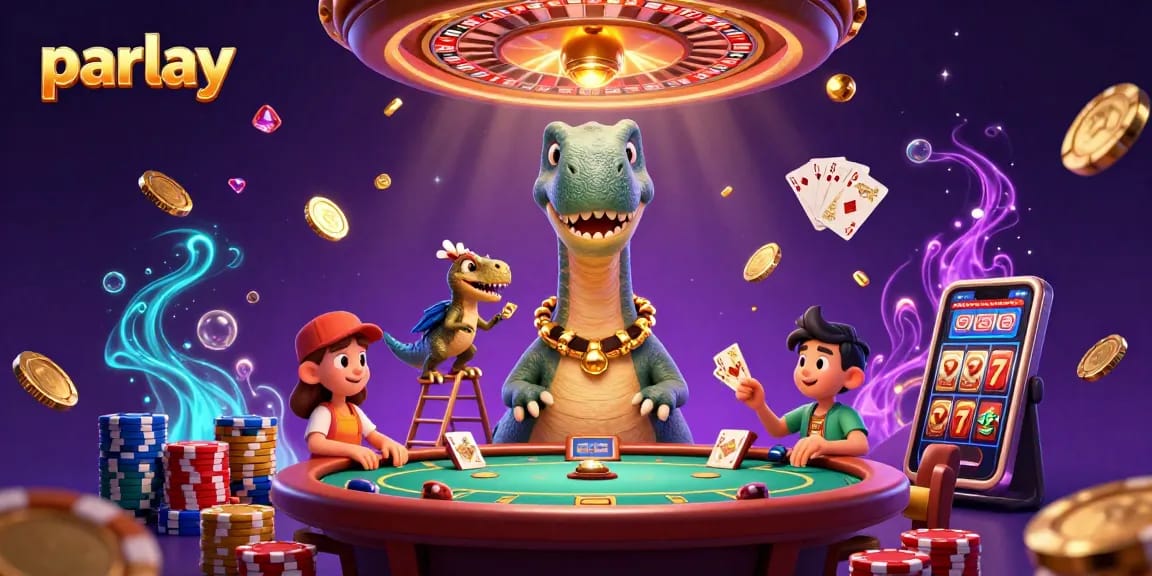 Engage in exciting parlay betting as a clever raptor deals cards to a towering brontosaurus.