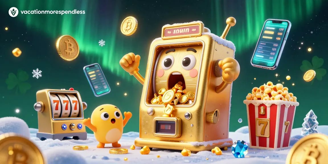 Experience the excitement of vacationmorespendless as golden slot machines hit the jackpot in an animated casino scene.