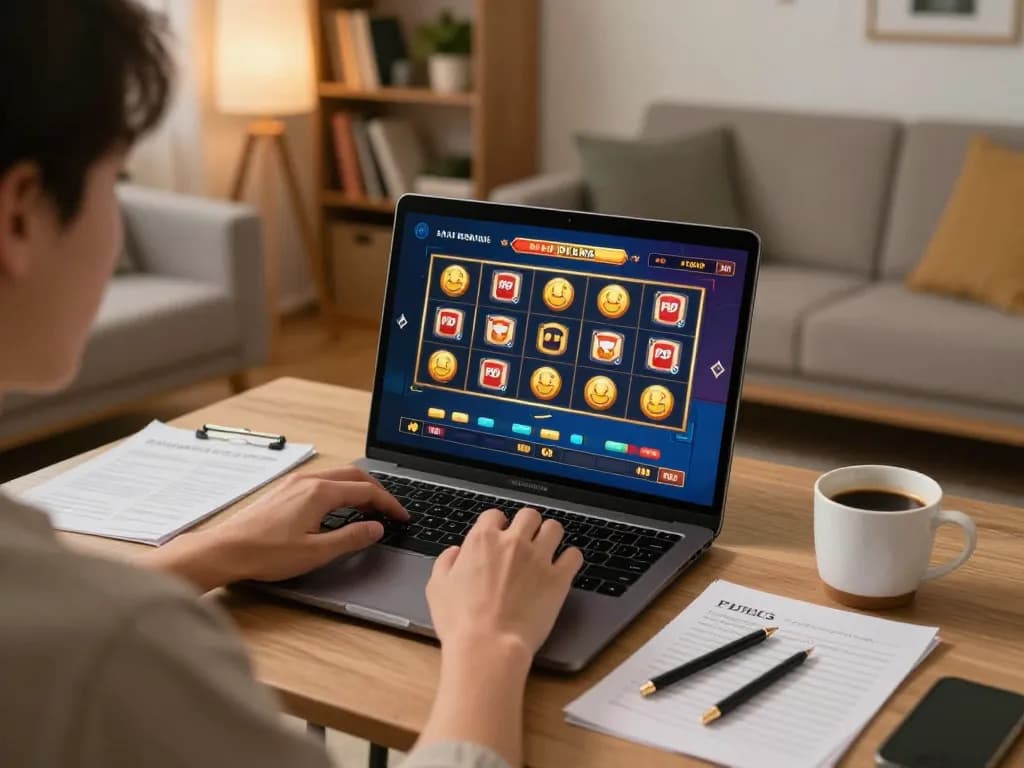 Engaged player exploring slot pulsa games on a laptop, with strategy notes in a cozy home setting.