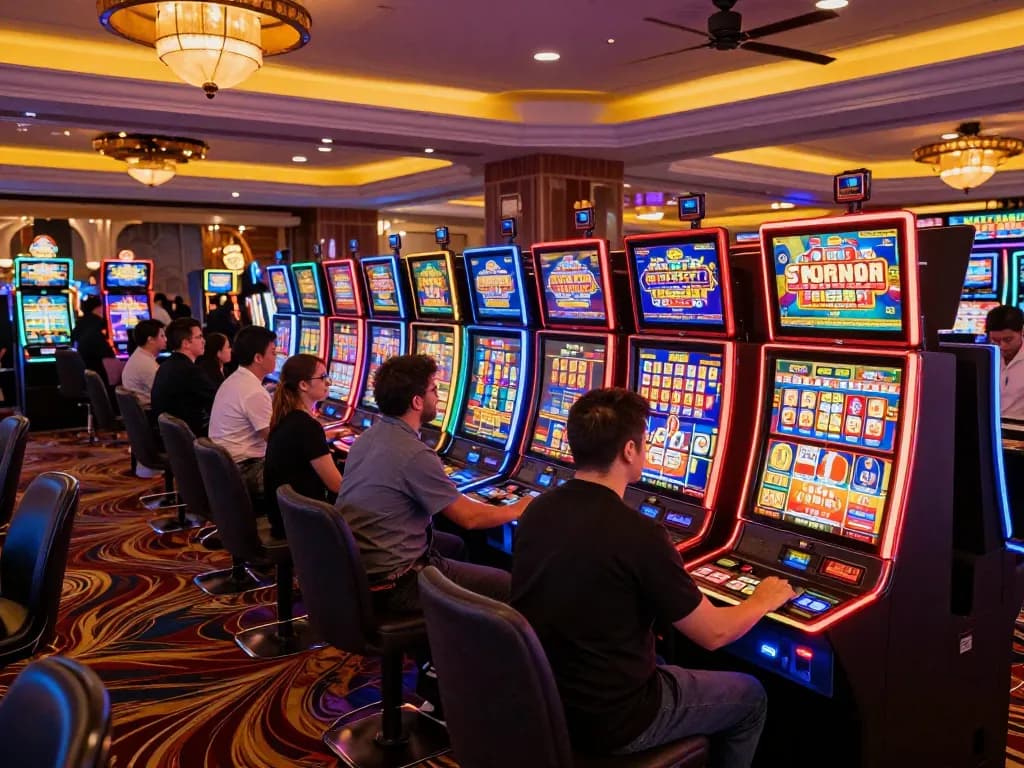Players engaging with vibrant slot machines on a busy floor at situs slot gacor casino.