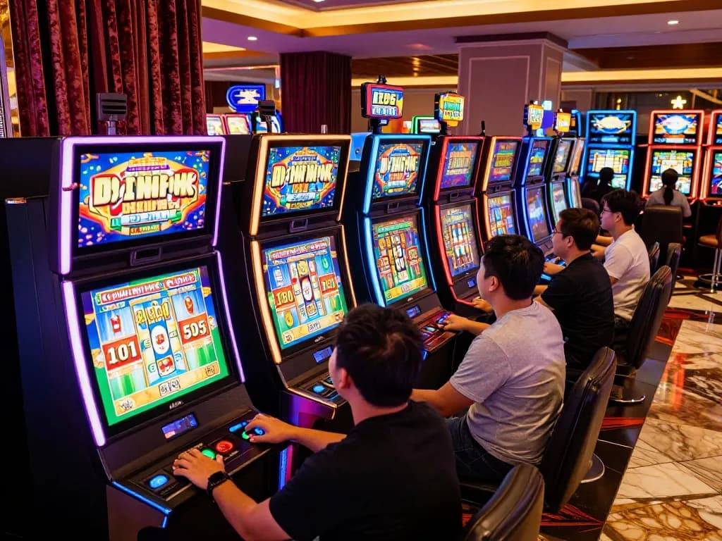 Players celebrating wins at slot gacor machines in a vibrant casino atmosphere
