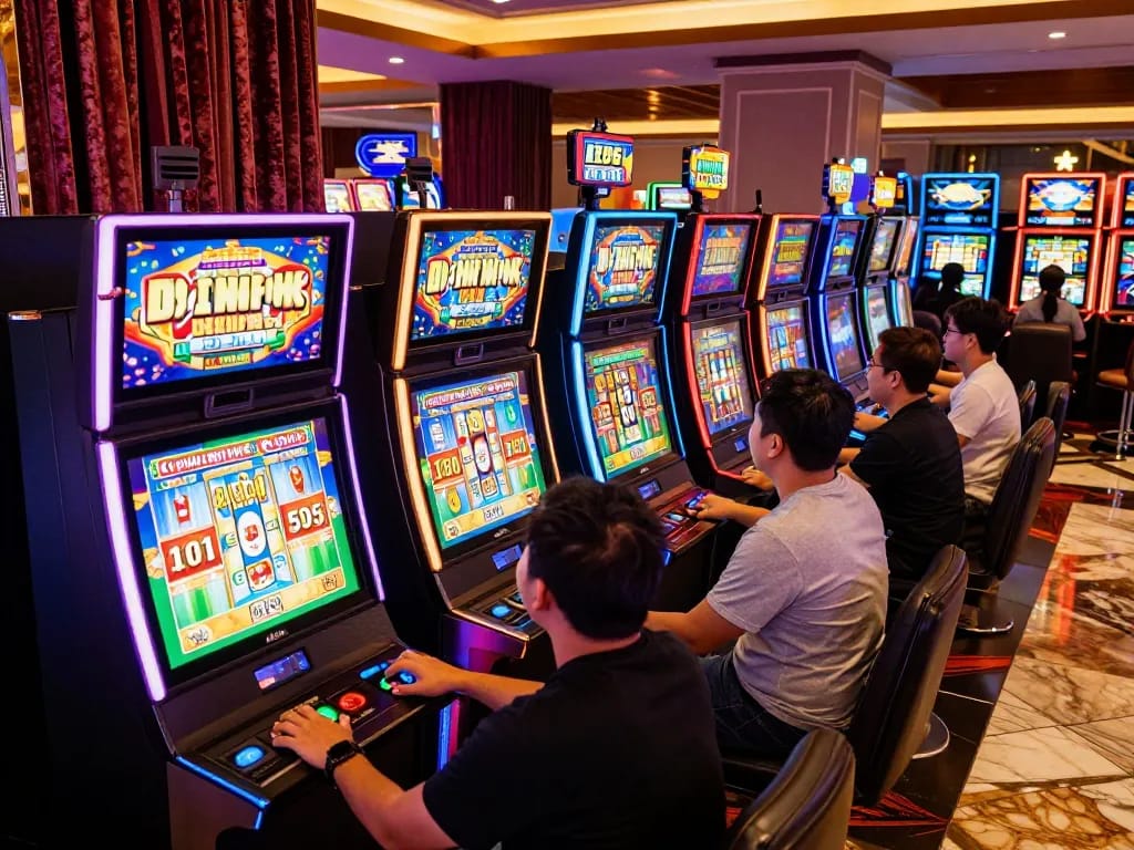 Players celebrating wins at slot gacor machines in a vibrant casino atmosphere