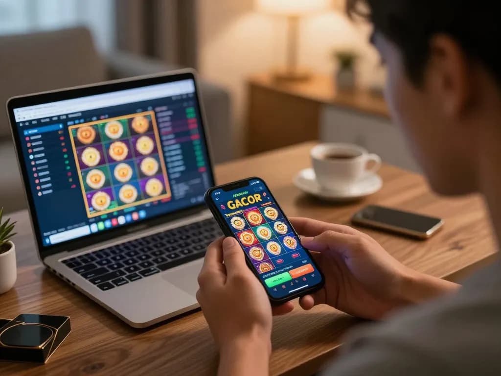 Player engaged in a slot gacor game on smartphone in cozy home setting, strategizing for better odds.