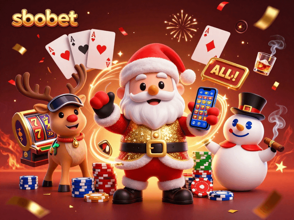Experience sbobet's vibrant gaming scene with a festive Santa, reindeer dealer, and poker-themed snowman.