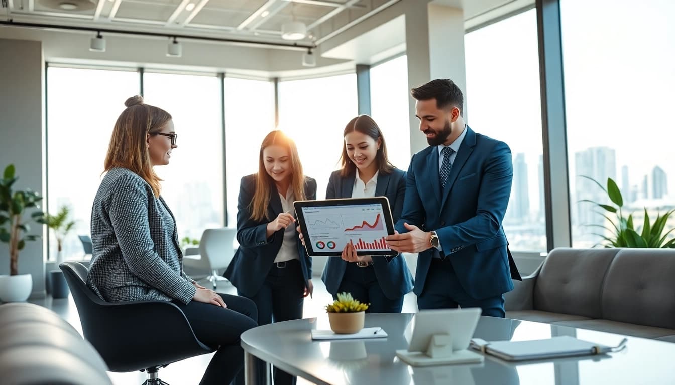 Visualisierung von Teamarbeit auf https://alvionz.de/ in einem modernen Büro mit dynamischen Elementen.