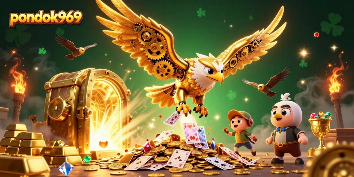 Pondok969 showcases a vibrant casino scene with treasure elements and holographic cards.