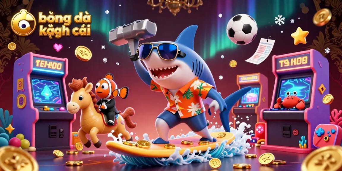 Engage in thrilling bóng đá kèo nhà cái action with a vibrant scene of animated characters and casino elements.