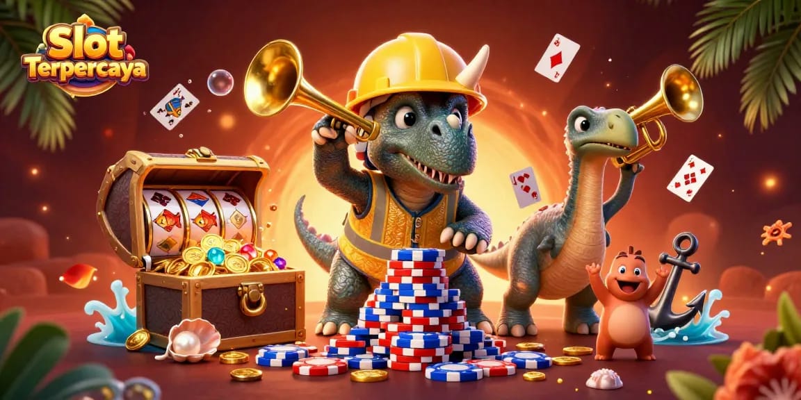 Slot Terpercaya illustration featuring playful dinosaurs amid vibrant casino elements.