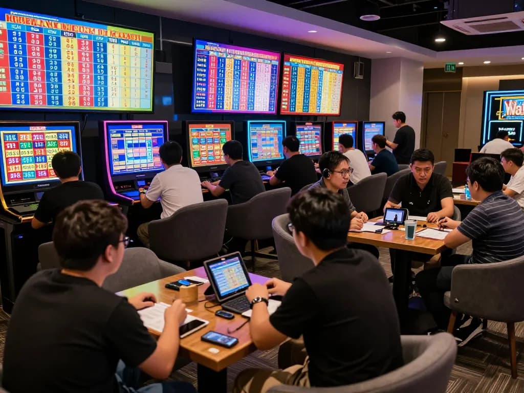 Engaged bettors watching HK Malam Ini live draw results in vibrant gaming lounge.