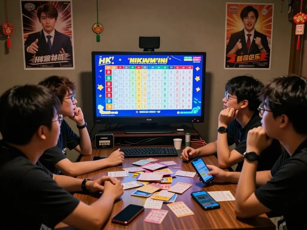 Players watching the latest HK Malam Ini lottery results with excitement in a cozy gaming room.