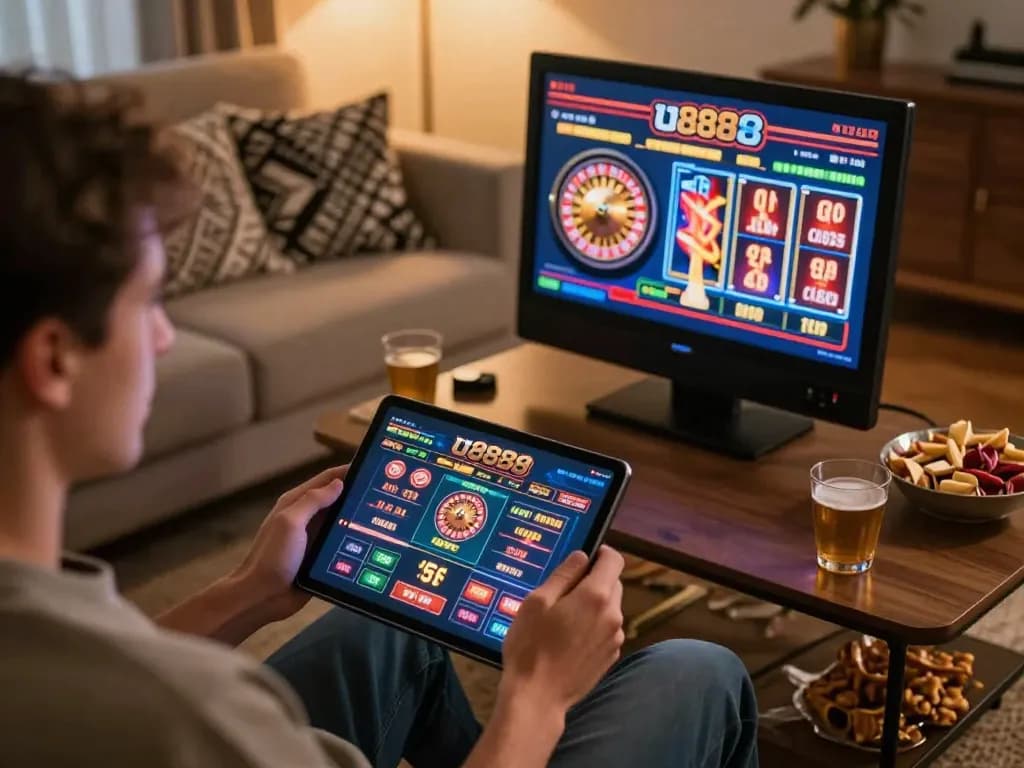 Engaging gameplay on u888 app featuring vibrant online casino activity in a relaxed home setting.