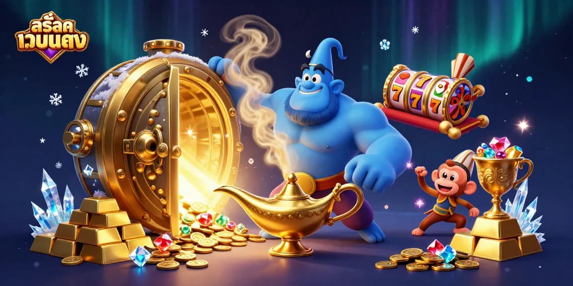 Experience the thrill of สล็อตเว็บตรง with animated genie and treasures in a vibrant casino scene.