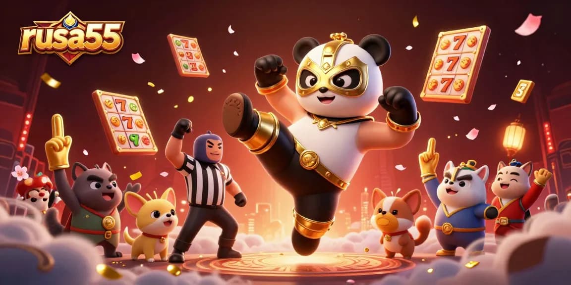 rusa55 showcases a vibrant 3D scene with a panda wrestling champion and slot reels, celebrating winning moments in gambling.